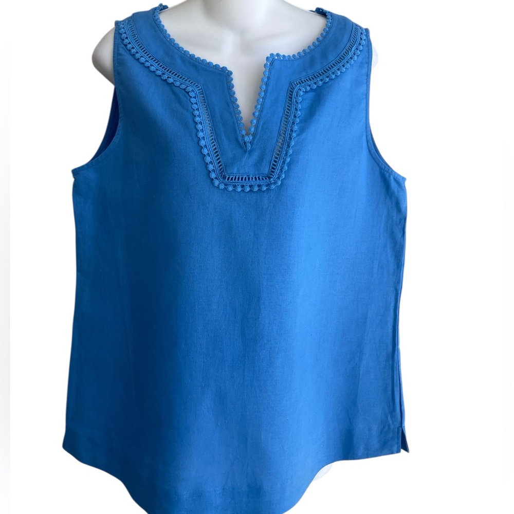Pappagallo Sleeveless Island Blue Linen Cotton Top Blouse V-Neck Size Large NWT